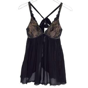 Victorias Secret 34C NEW Babydoll Nightie Black Chiffon Leaf Embroidered